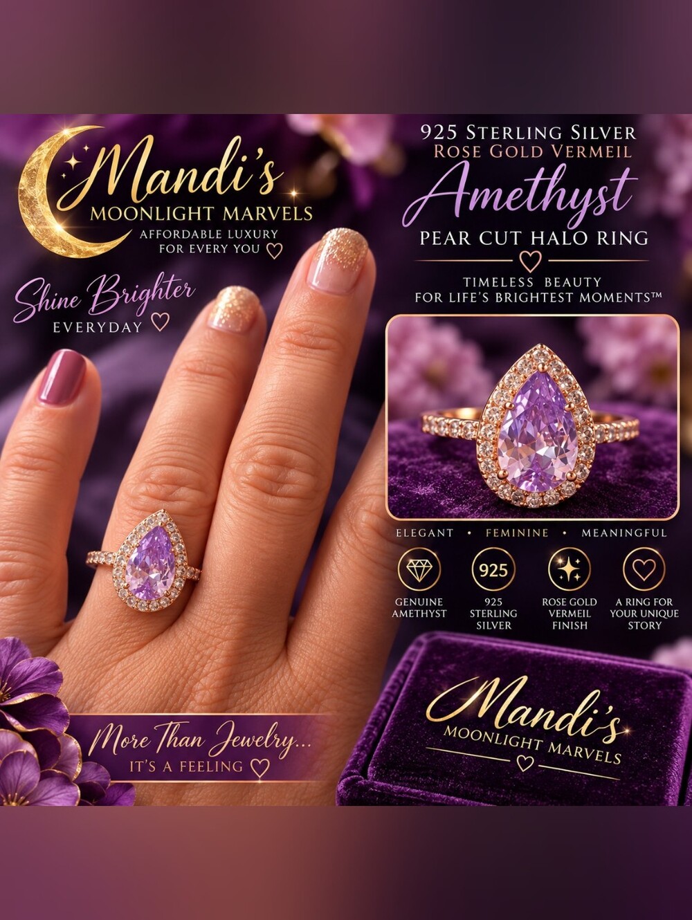 Mandi's Rose Gold Amethyst Pear-Cut Halo Ring Size 7